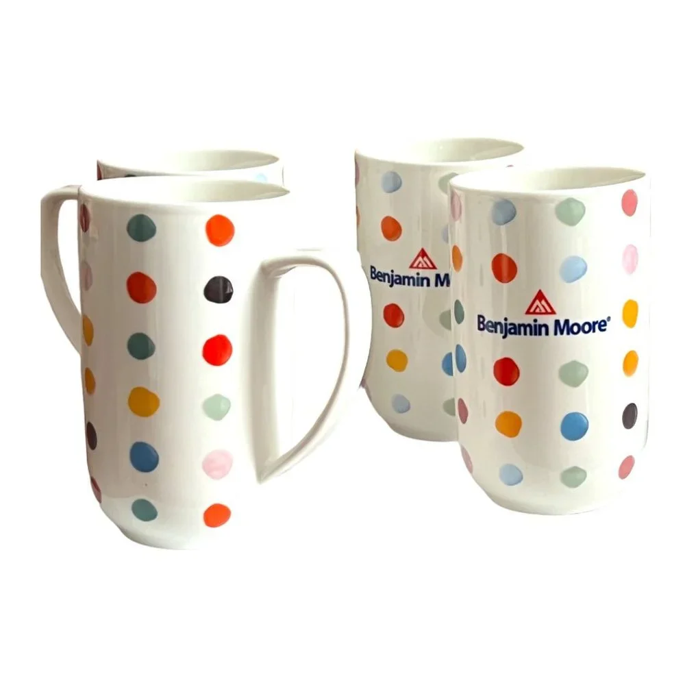 SET of FOUR 4 Oversized Benjamin Moore Ceramic Polka Dot Mugs Cups Large Handled - Picture 3 of 7